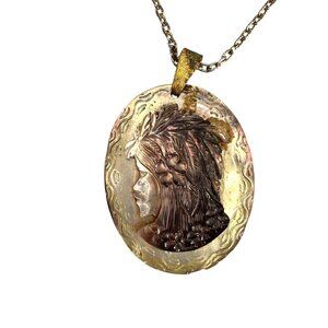 Vintage Carved Mother Of Pearl Cameo Necklace Womans Profile Gold-Tone Chain